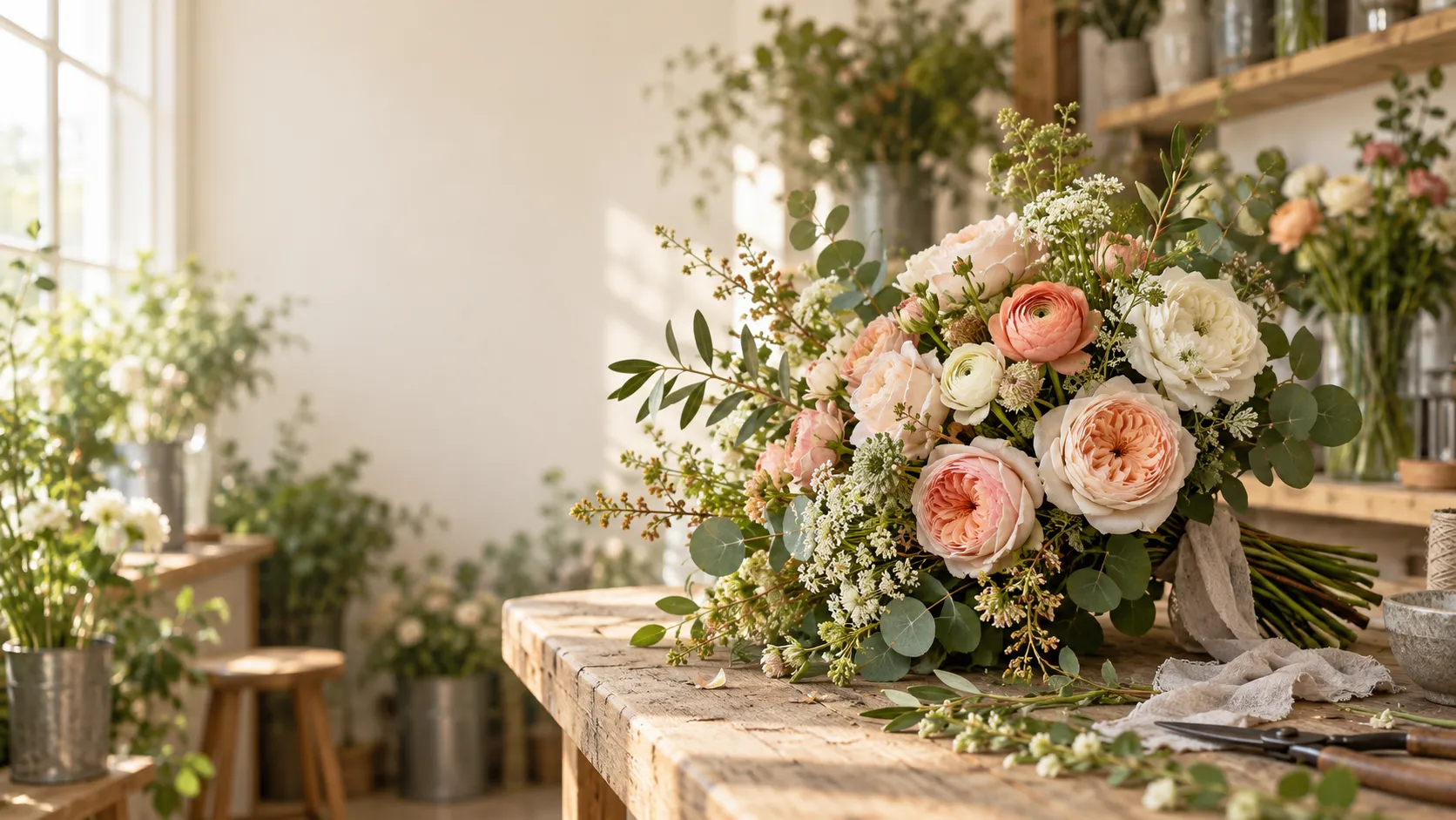 Lush seasonal bouquet on a flower shop worktable